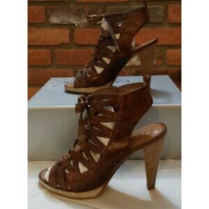 Aldo Brown Leather Lace-Up Heeled Sandals Wood Stacked Heel Peep Toe Size 7